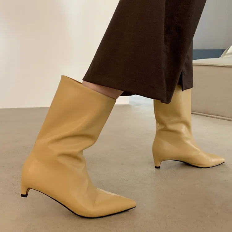 Xinzirain Wholesale Ladies Point Toe Winter Leather Real Leather 4.5cm Low Heel Women Mid Calf Boots