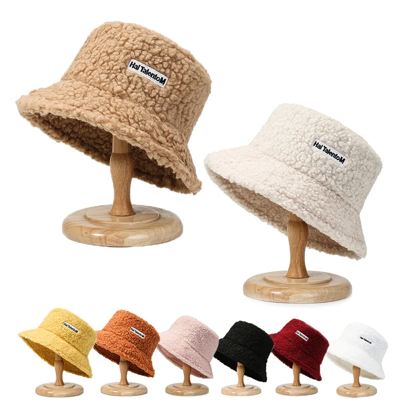 Wholesale Custom logo New Trend Winter Warm furry Lamb Wool Fisherman Hat Cute Fashion Women Outdoor bucket hat