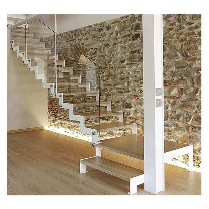 China Manufacturer High-End Interior House Floating Stairs Wooden Treads Glass Railing Staircase Design