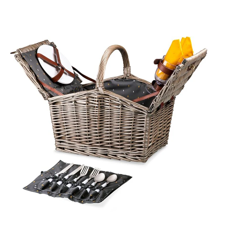 Time-limited Promotion Rattan Wicker Willow wholesale customized rectangle Picnic Basket hamper set 2 with Movable lid