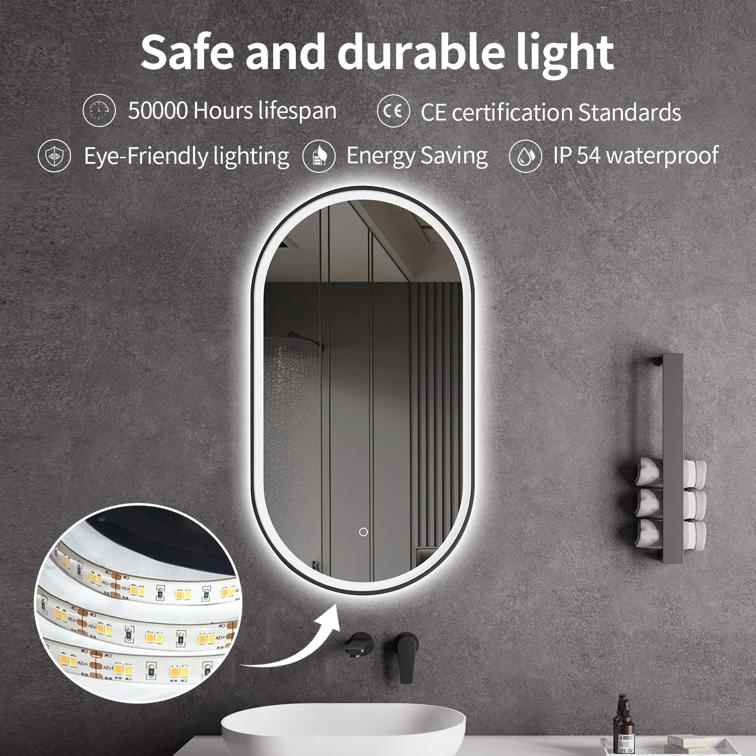 Wall-Mounted Oval LED Bathroom Mirror with Light Touch Screen for Bedroom Home Hotel Decorative Purpose