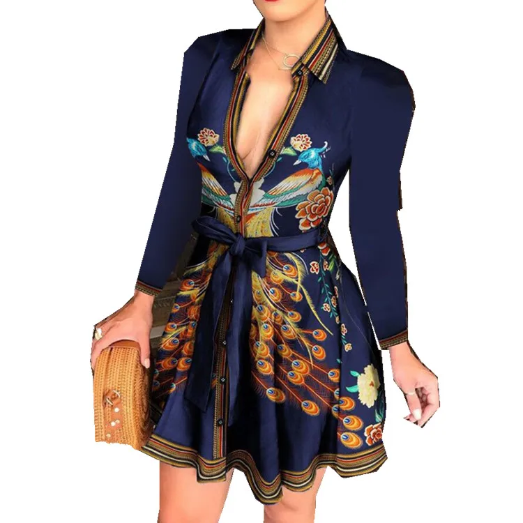Hot Sale Long Sleeve Maxi Dresses Women Sexy Women Clothing Dress Printed Silk Dress