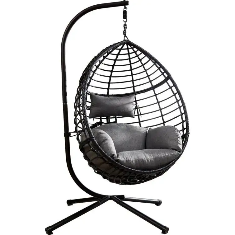 Indoor Outdoor Hammock with Cushions Metal Patio Wicker Hanging Egg Chair with Stand Aluminium Frame Porch Swing Chair