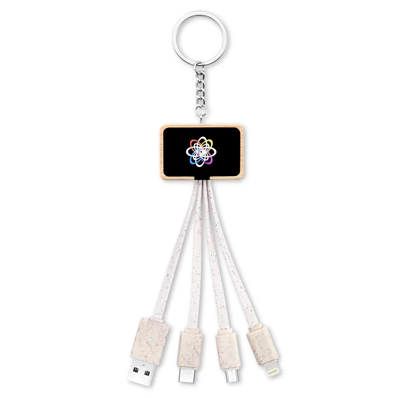 3 in 1 Mutiply Mobile Phone Keychain USB Cable Bamboo Wood Illuminated Logo Charging Cord