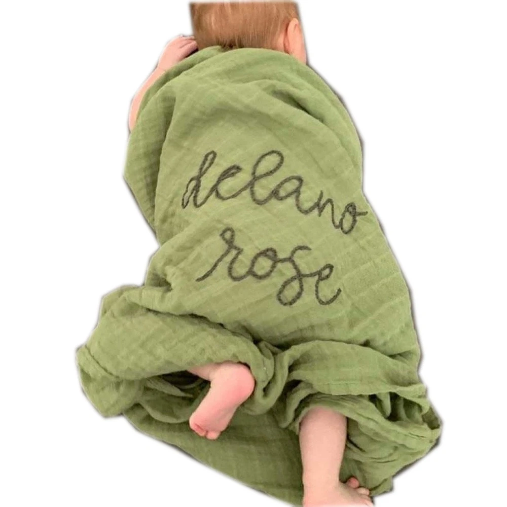 Personalized Baby gift 100%cotton or bamboo cotton custom Hand Embroidered muslin Swaddle blanket for birth announcement