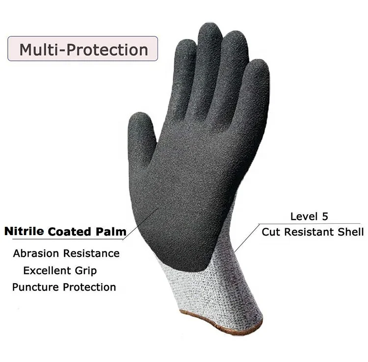 Grey HPPE Knitted Fiber with Black Nitrile Sandy Finish Coating Safety Work Gloves