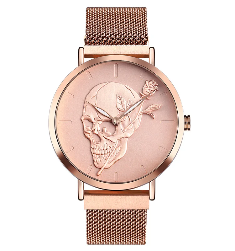 Custom Logo Stainless Steel Material Automatic Wrist Watches Mesh Band Rose Gold Skull Mens Elegant Wrist Watch