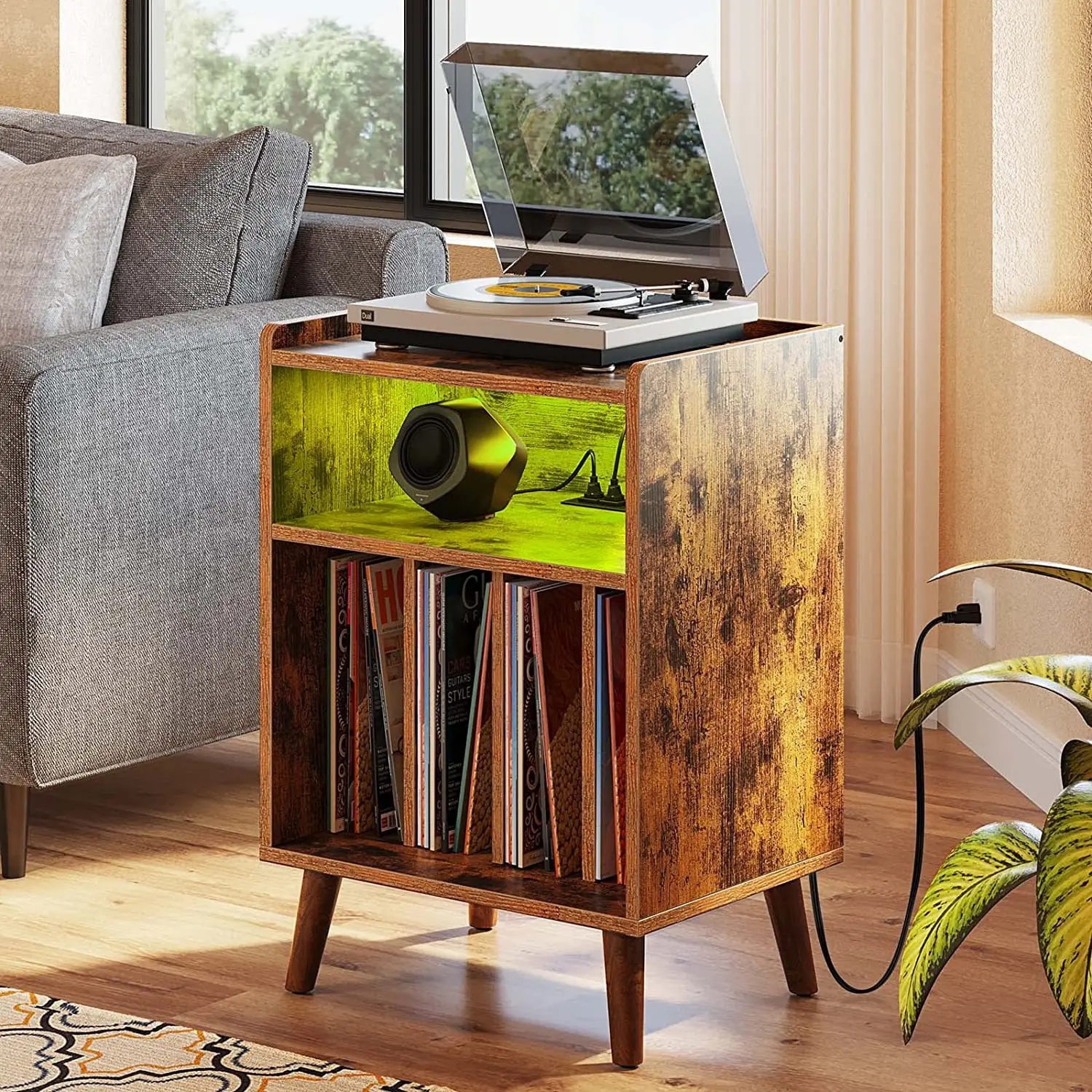 Wooden CD Storage Rack with Power Socket & USB Charging Record Player Shelf for Dining Living Room Nightstand or Side Table