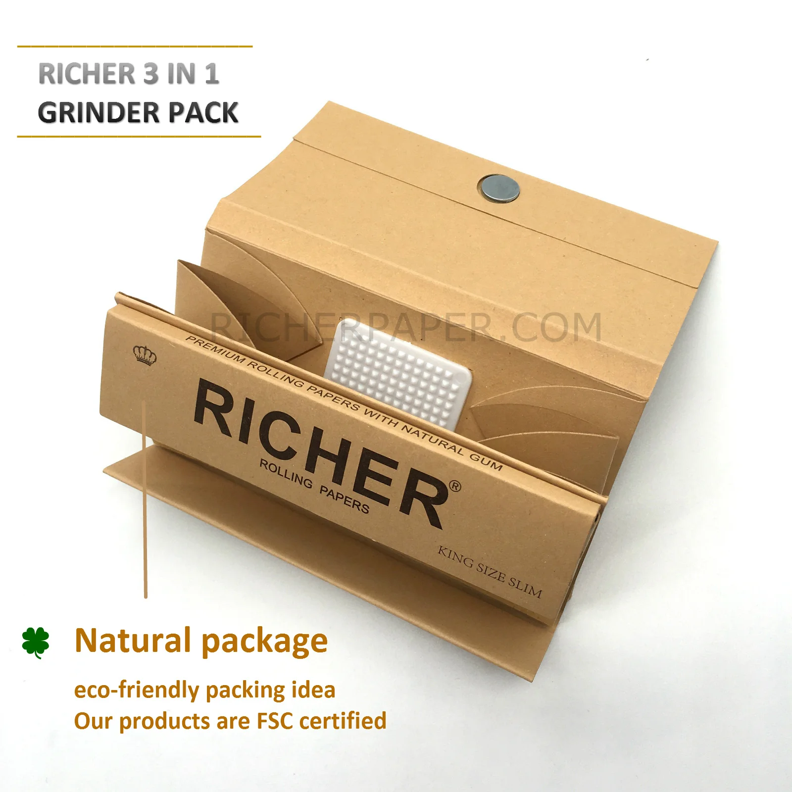 
Custom your own logo new arrivals 3 in 1 tray + grinder + filter tips natural hemp rolling paper 