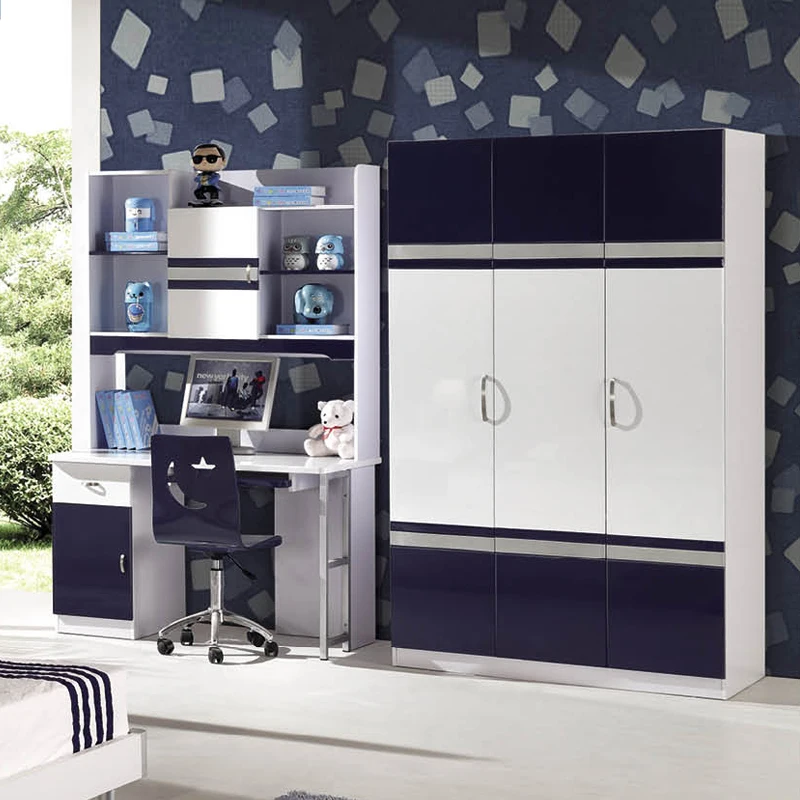 Custom double bedroom furniture kids children bed set with study table and wardrobe