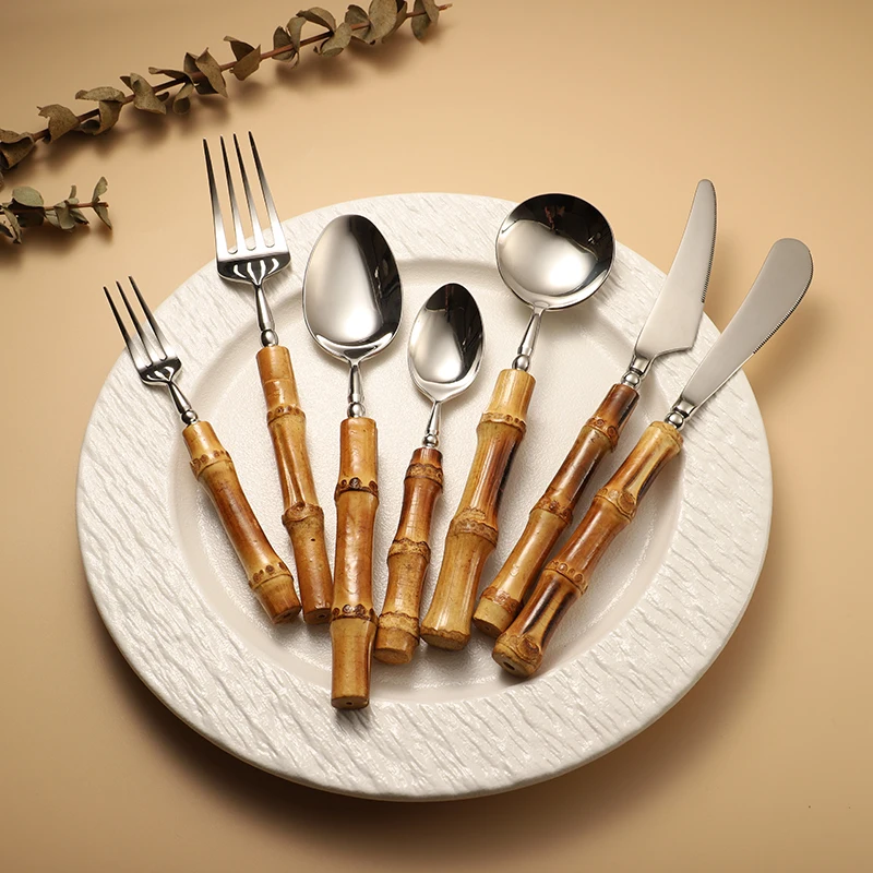 Wholesale Home Mirror Polished 304 Silver Spoons Forks And Knives Original Bamboo Cutlery Set