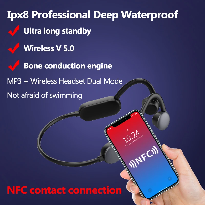 Q50 Bone Conduction Headphones 8GB MP3 Player IPX8 Waterproof Swimming Sports Headset Wireless V5.0 Earphone Hands-free with Mic