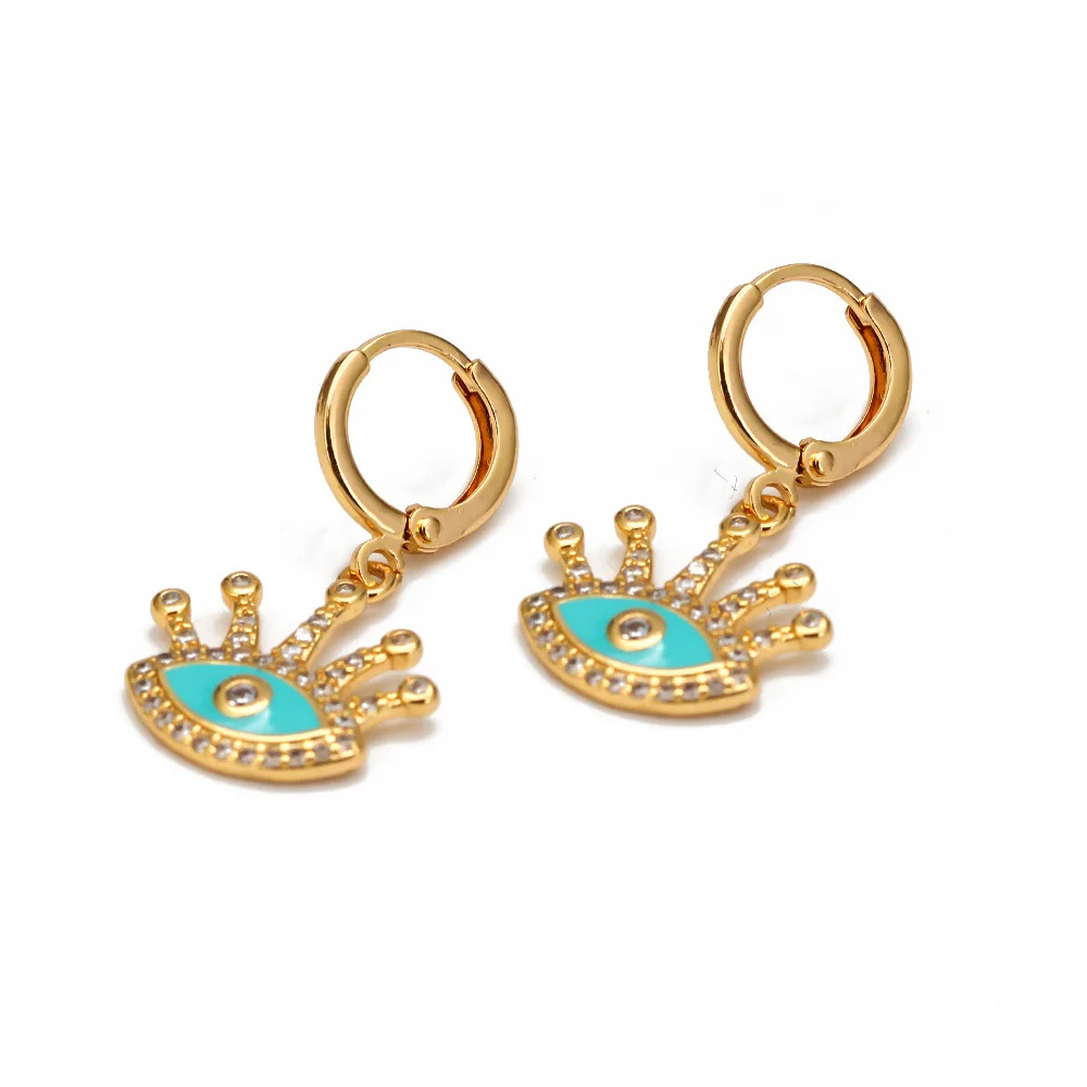 PJ-C570 Vintage Real Gold Plated Brass Drop Earrings Micro Set Zircon Blue Eye Evil Earrings