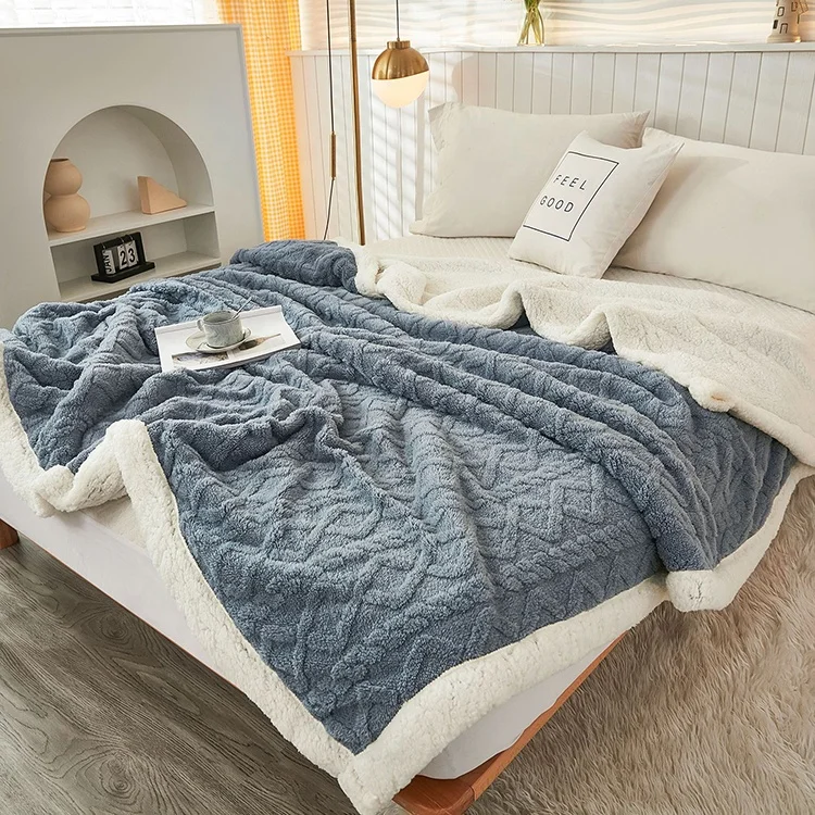 High Quality Tuff Wool Solid Color Knitted Double Layer Throw Flannel Sherpa Polyester Blanket