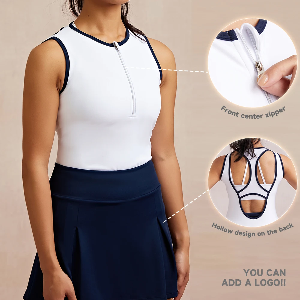 Luckpanther Sleeveless Back Hollow With Front Zipper Golf Polo Shirt And Solid Mini Tennis Skirt Tennis Set Tennis Wear