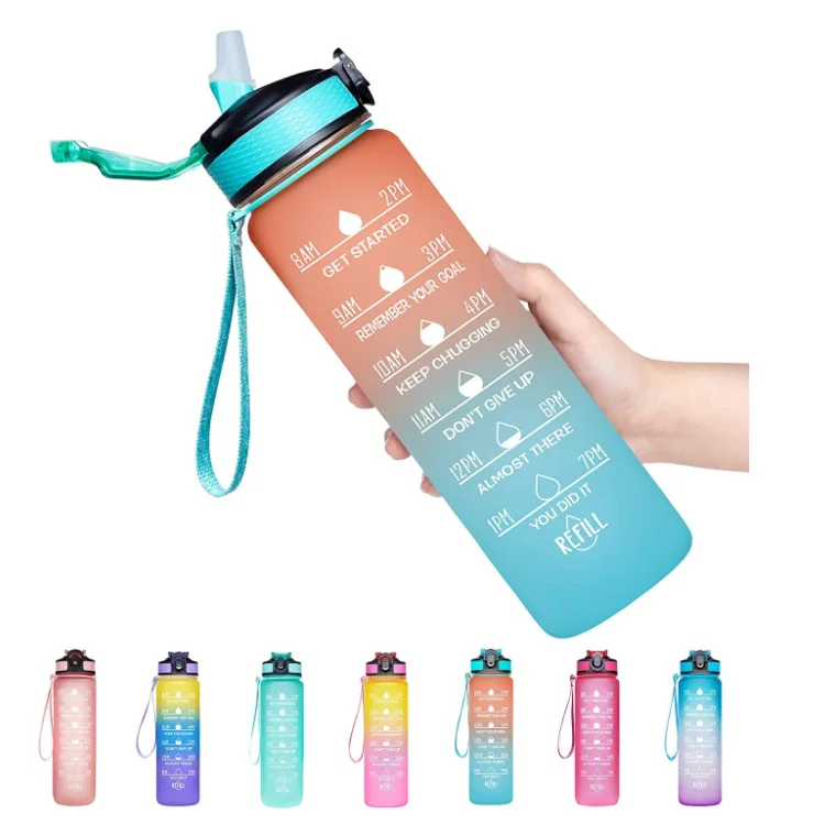 2022 Gym And Outdoor Camping Time Marker 1000ml Sports Motivational Water Bottle Frosted Plastic Water Bottle