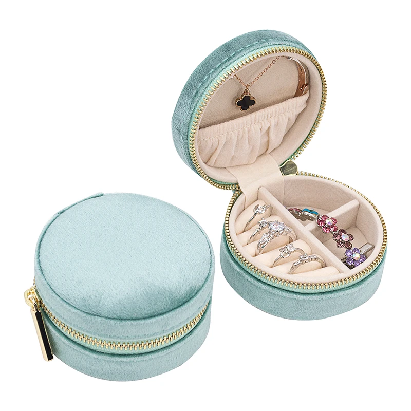 Dropshipping Round Linen Travel Jewelry Zipper Box Low MOQ Jewellery Case For Girls