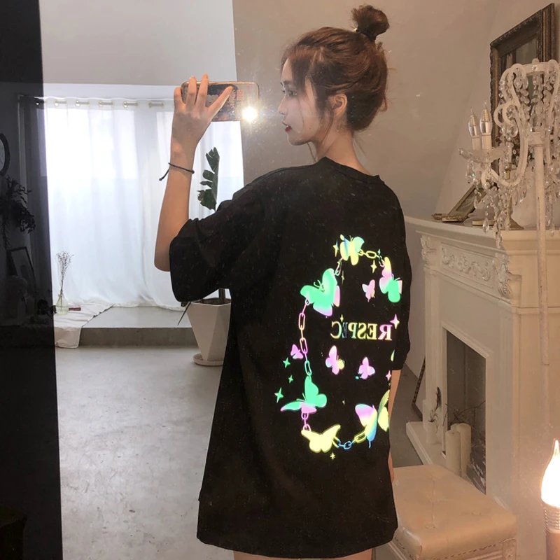 Новое поступление, популярные футболки для девочек, Женская Светоотражающая хлопковая футболка