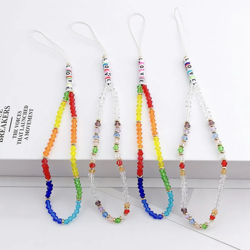Wholesale Handmade Rainbow Color Smiley Face Fruit Pearl Polymer Clay Beaded Phone Lanyard Wrist Strap Mobile Phone Charm Chain