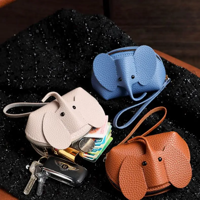 High Quality PU Leather Elephant Key Bag Pouch Creative Zipper Coin Purse Wallet with Keychain Fashionable Style