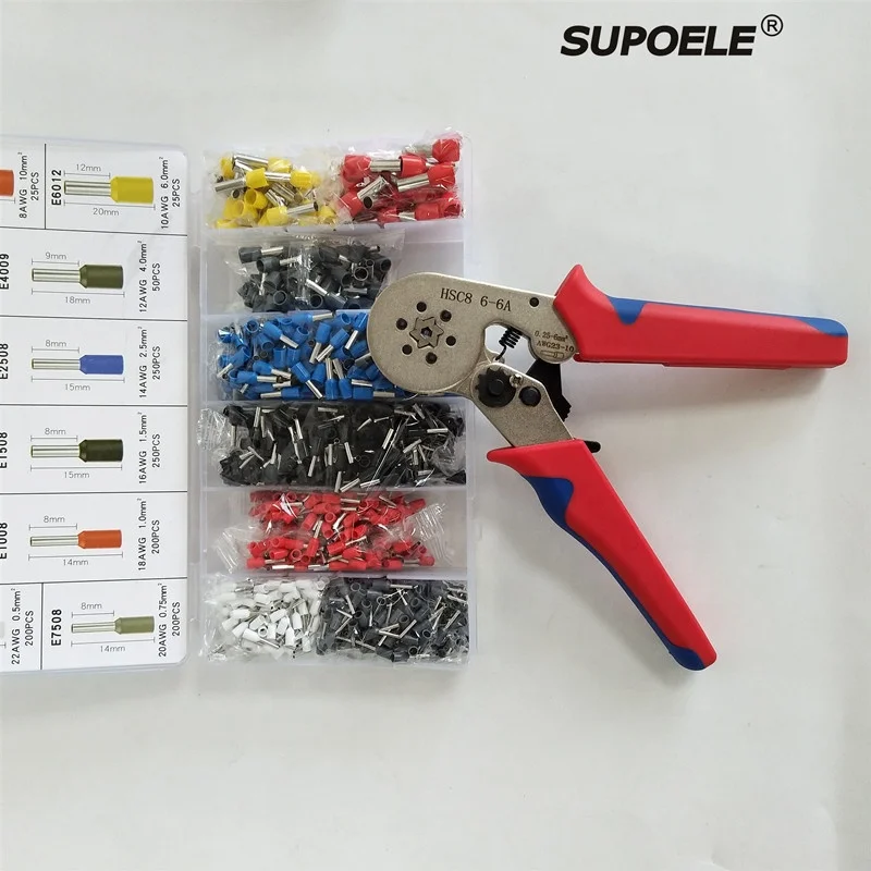 HSC8 6-6 0.25-6mm2 AWG 23-10 Self-adjusting Insulated Terminals Crimping Pliers Tool Kit Set With 1200PCS Terminal Blocks