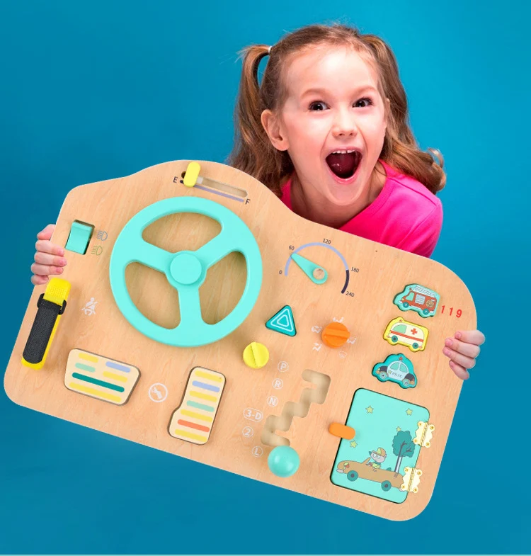 Early education simulation small driver simulation steering wheel baby car driving toys children wooden busy board toys