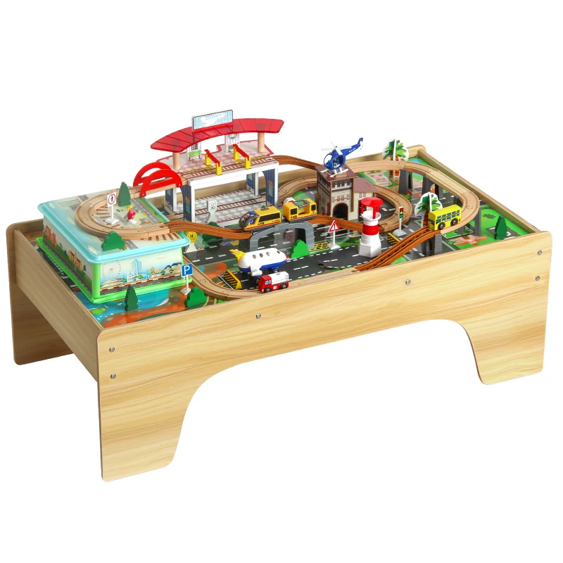 New Design Good Quality Juguetes De Madera 92 Pcs Beech Wooden Air Train Railway Track Set Toys
