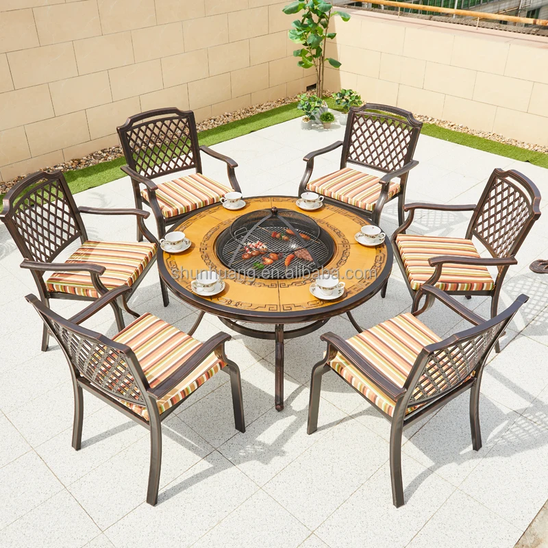 Newest design patio Luxury furniture outdoor cast aluminum dining set BBQ dining table and chair set