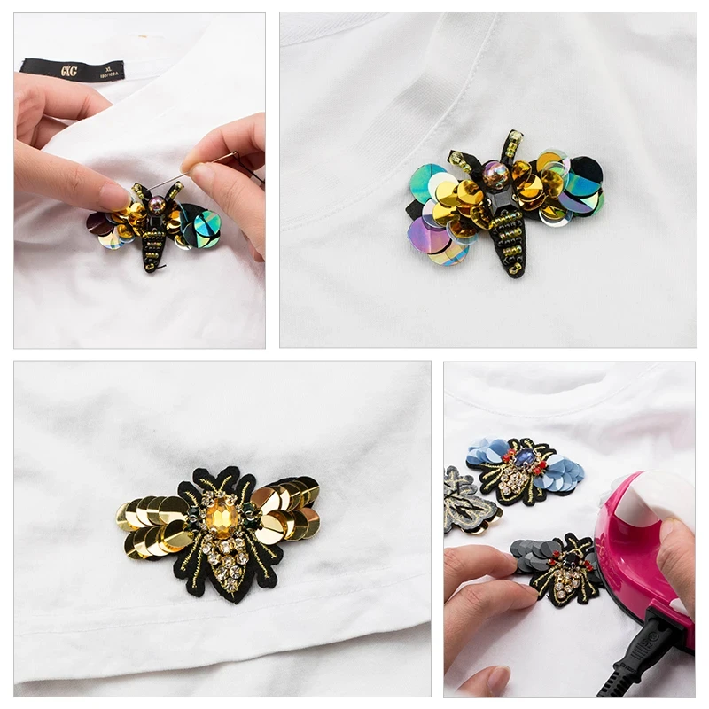 QIAO Bee Shape Handmade Rhinestone Beads And Sequins Applique For DIY Decorative Sewing Clothes