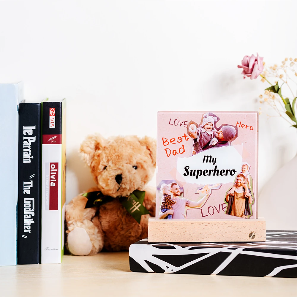 New Arrival DIY Sublimation Blanks Wood Base Glass Photo Panel With Led Base Sublimation Led Photo Frame