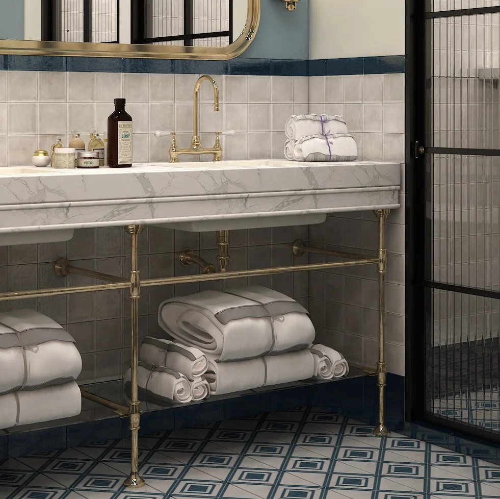 antique brass double basin washstand for transitional bathroom decor