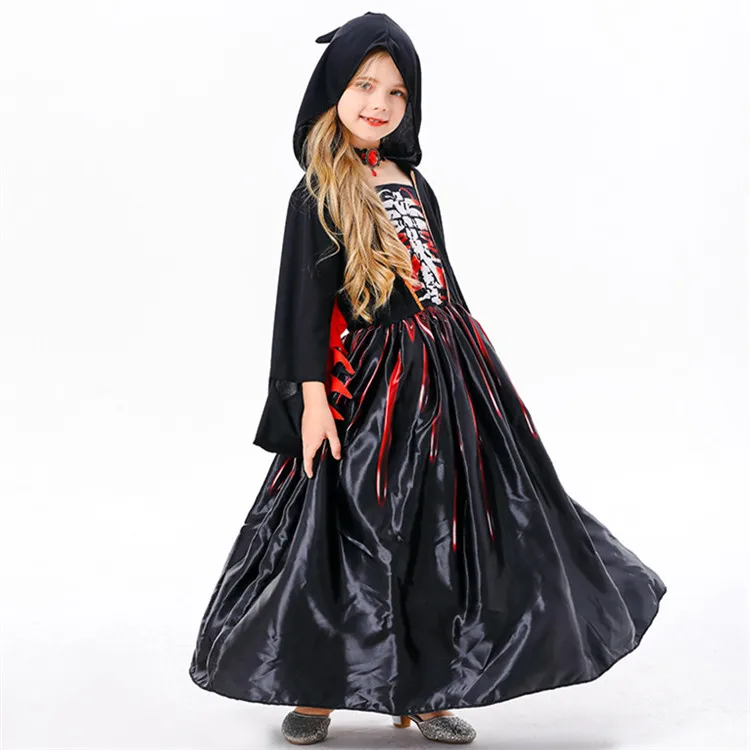 Supplier Wholesale Kids Halloween Costume Skeleton Girl Cosplay Wicked Witch Fancy Dress