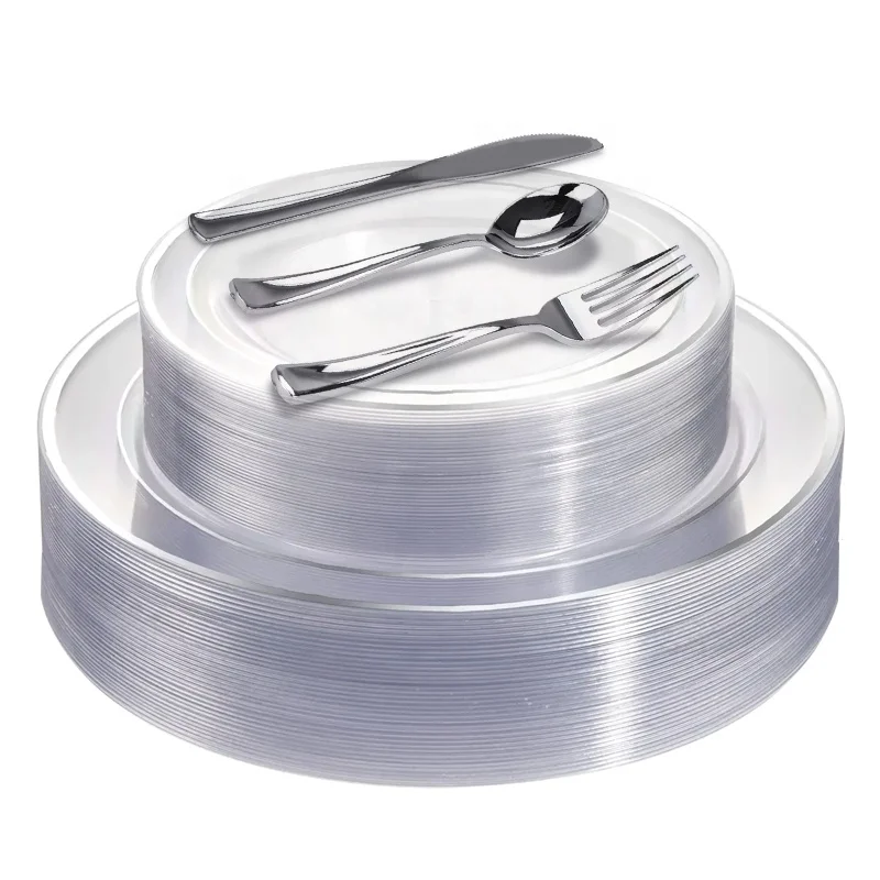 Disposable Transparent Silver Rimmed Heavy Duty Round Plastic Plates And Cutlery For Wedding Party