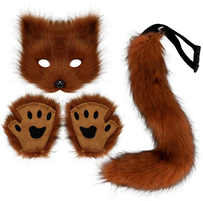 ecoparty  Fluffy Fur Fox Tail Keychain Cat Paws Gloves And Wolf Therian Mask Set For Halloween Cosplay Costume Accessories Sets