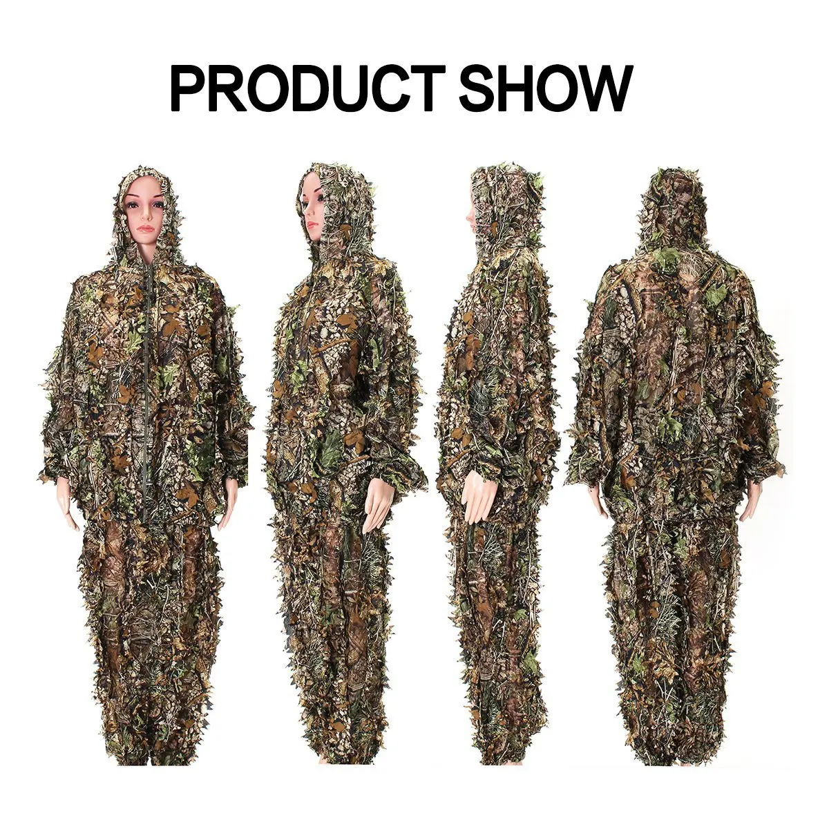 Gujia Woodland Gilly Suit Lightweight Breathable 3D Leafy Camo Jacket Pants Hunting Camouflage Leaf Ghillie Suit for Men Women