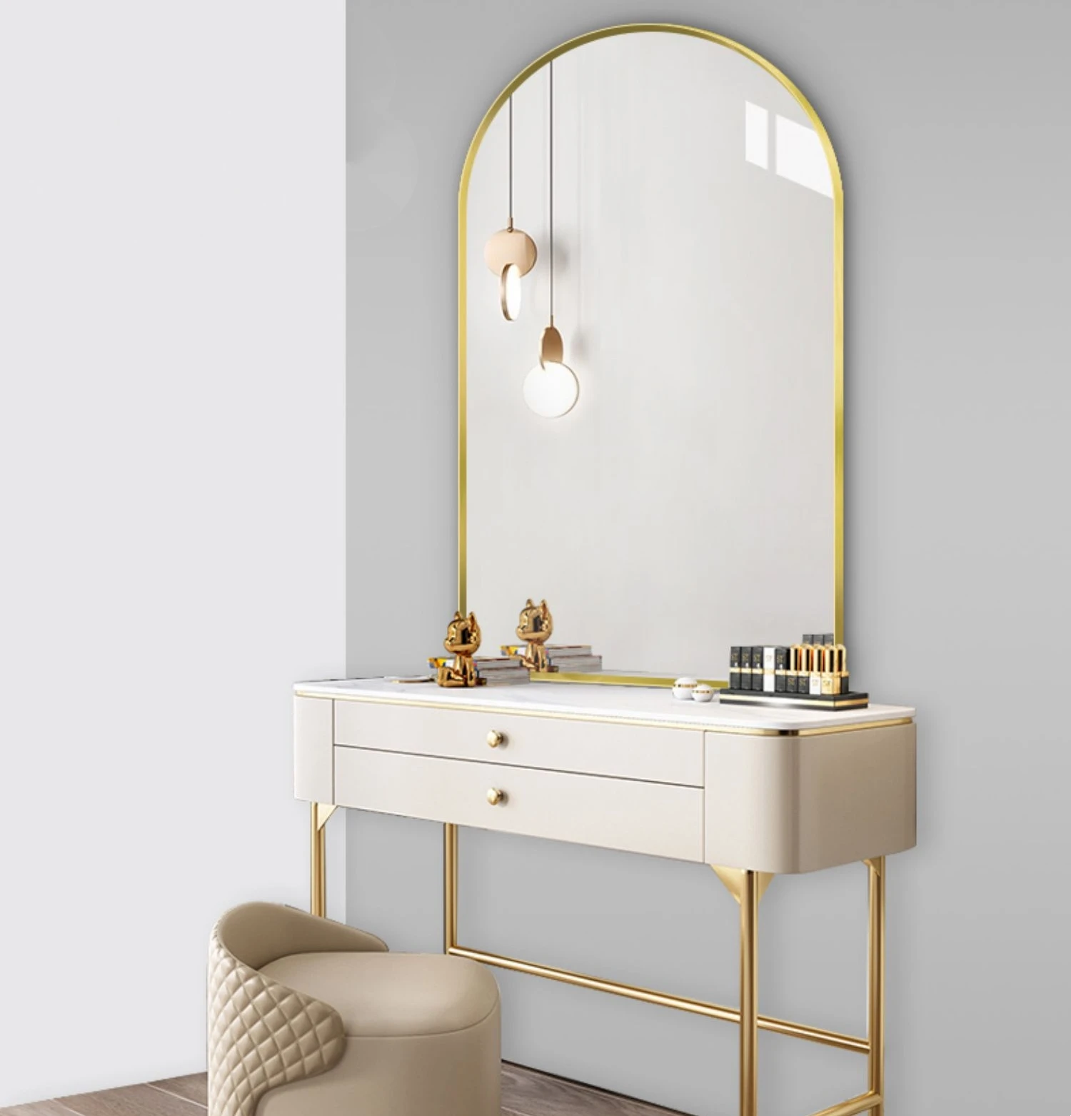 manufactures Wholesale price Nordic Dormitory Makeup Espejos arch frame Hanging Golden Wall Silver Mirror for bathroom