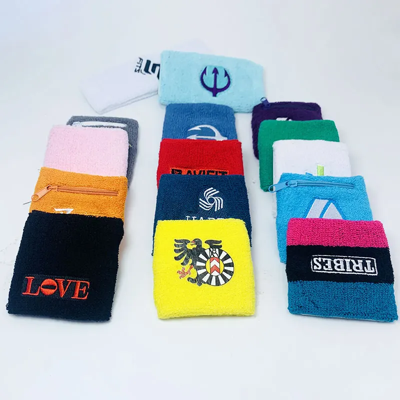 
Wholesale custom sport cotton wristband with zipper pocket terry design your own cheap custom sweatband 