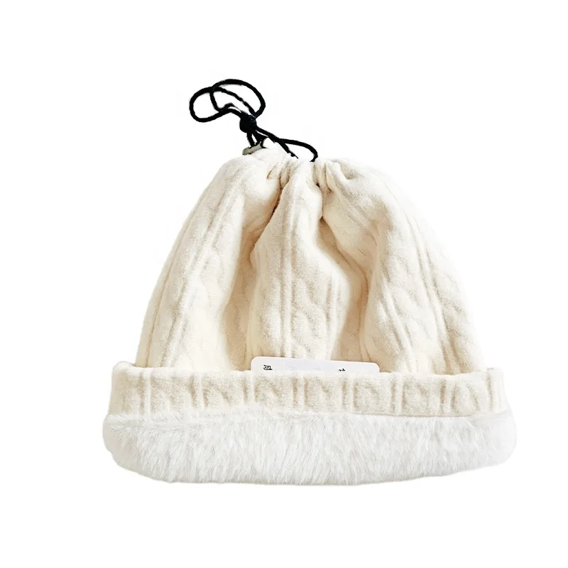 Hot Selling Drawstring Fleece Lined Hat  colorful winter warm hat for women