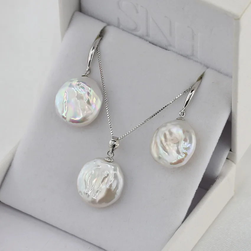 16mm coin shape large size fresh water natural freshwater real pearl necklace and earring set