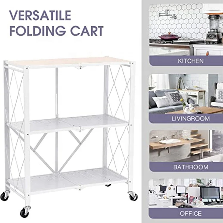 Kitchen Foldable Shelf Rack 3-Tier microwave oven Metal Folding Book Shelf White Display Shelves