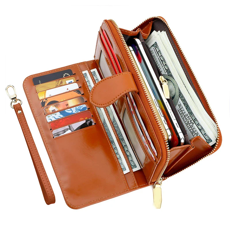 
New Style RFID Blocking Leather Large Capacity Clutch Purse Women Wallet with Strap 