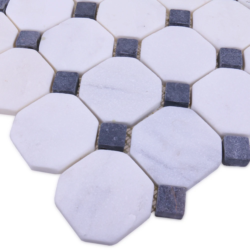 White marble nero marquina waterjet mosaic tile characteristics octagon stone mosaic for bathroom floor decorative wall