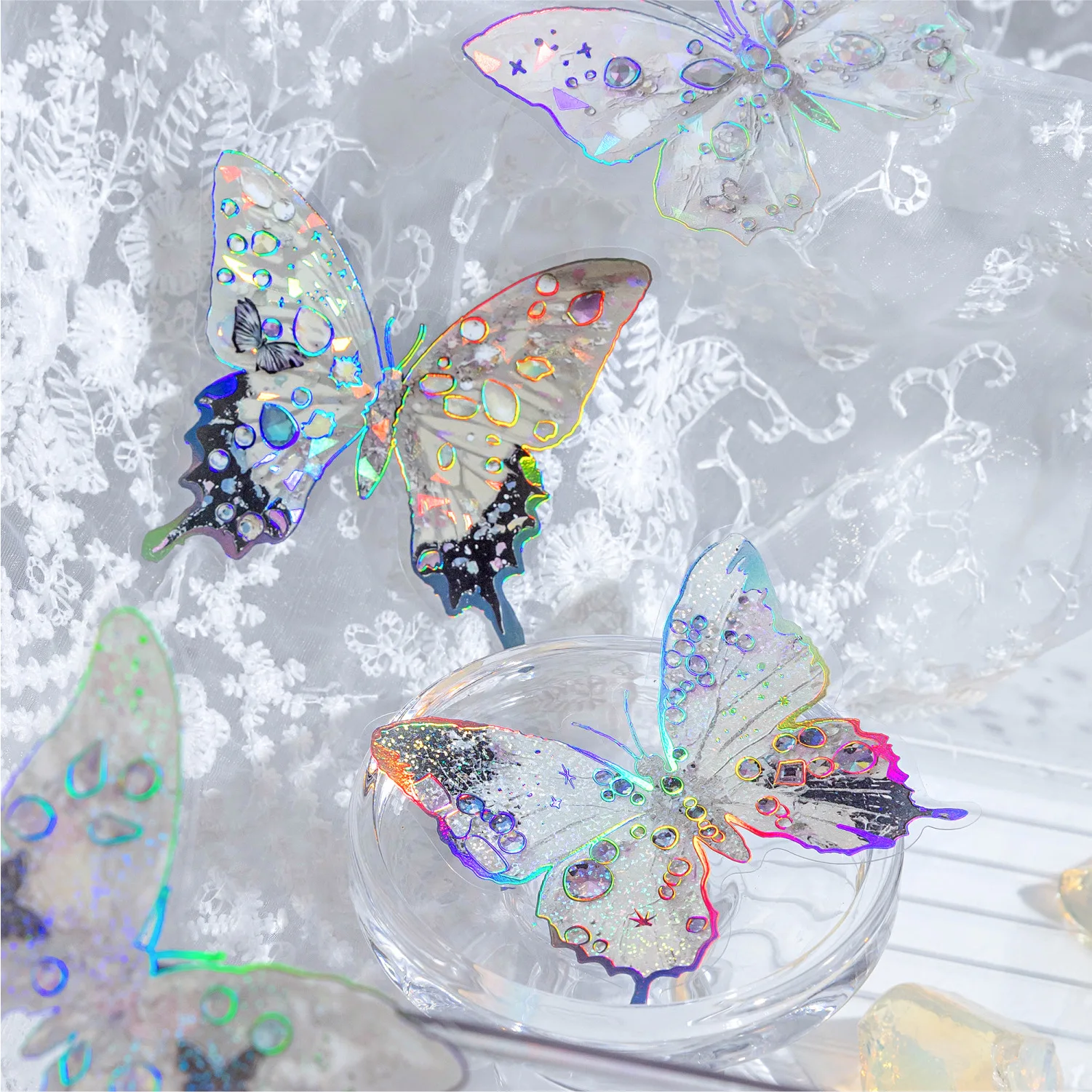 10 sheets of PET sticker pack Jade Butterfly Dream Series Cubic Laser Handbook Decoration Material Stickers 6 models