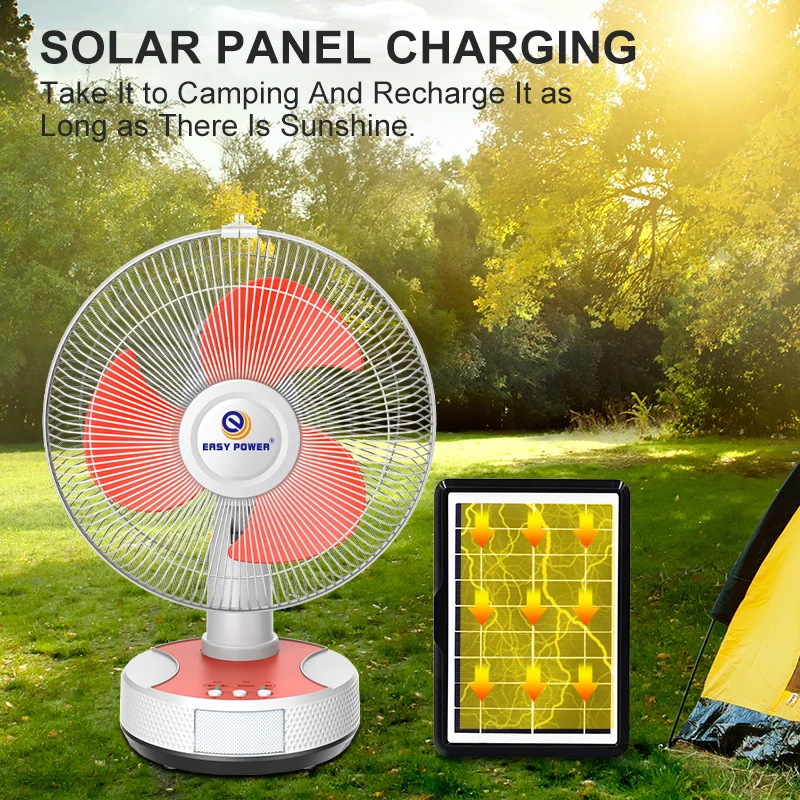 EP-2512  easy operate solar power rechargeable fan with Led light AC DC table fan rechargeable battery operated fan for home