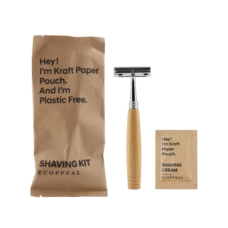 Plastic Free! Custom Biodegradable FSC Kraft Paper Shaving Kits with Stainless Steel Razor and Shaving Cream