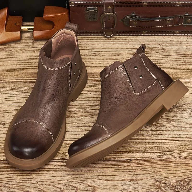 Top quality cowhide winter British short leather boots retro ankle boots slip on casual chelsea boots for men