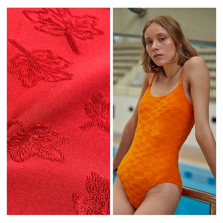Maple leaf 98% polyester 2% stretch knitting brocade loop french terry jacquard fabric for garments swimwear