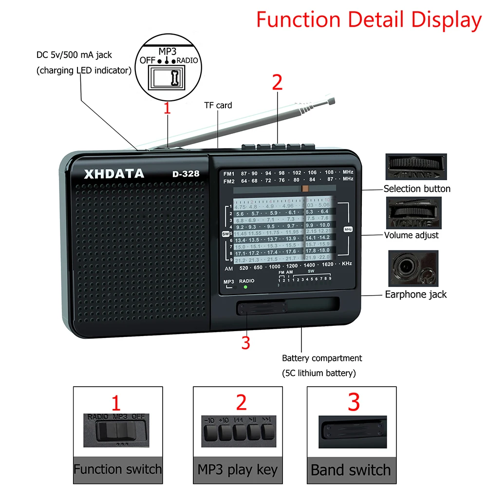 XHDATA D-328 Radio Hot Sale Factory Direct Price FM AM SHortwave MP3 Player TF Card Portable Receiver PLL