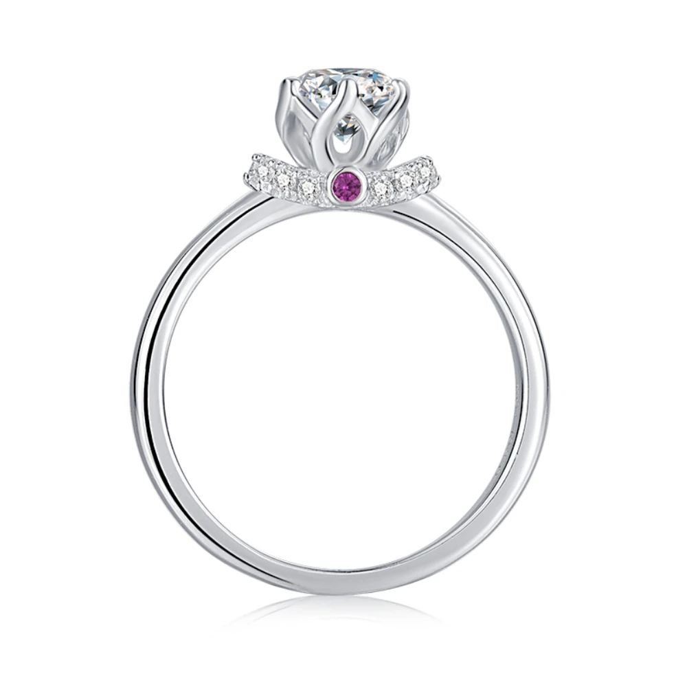 925 Sterling Silver 1ct Center Moissanite Stone 6 Prong Solitaire Engagement Ring with Red Ruby Accents