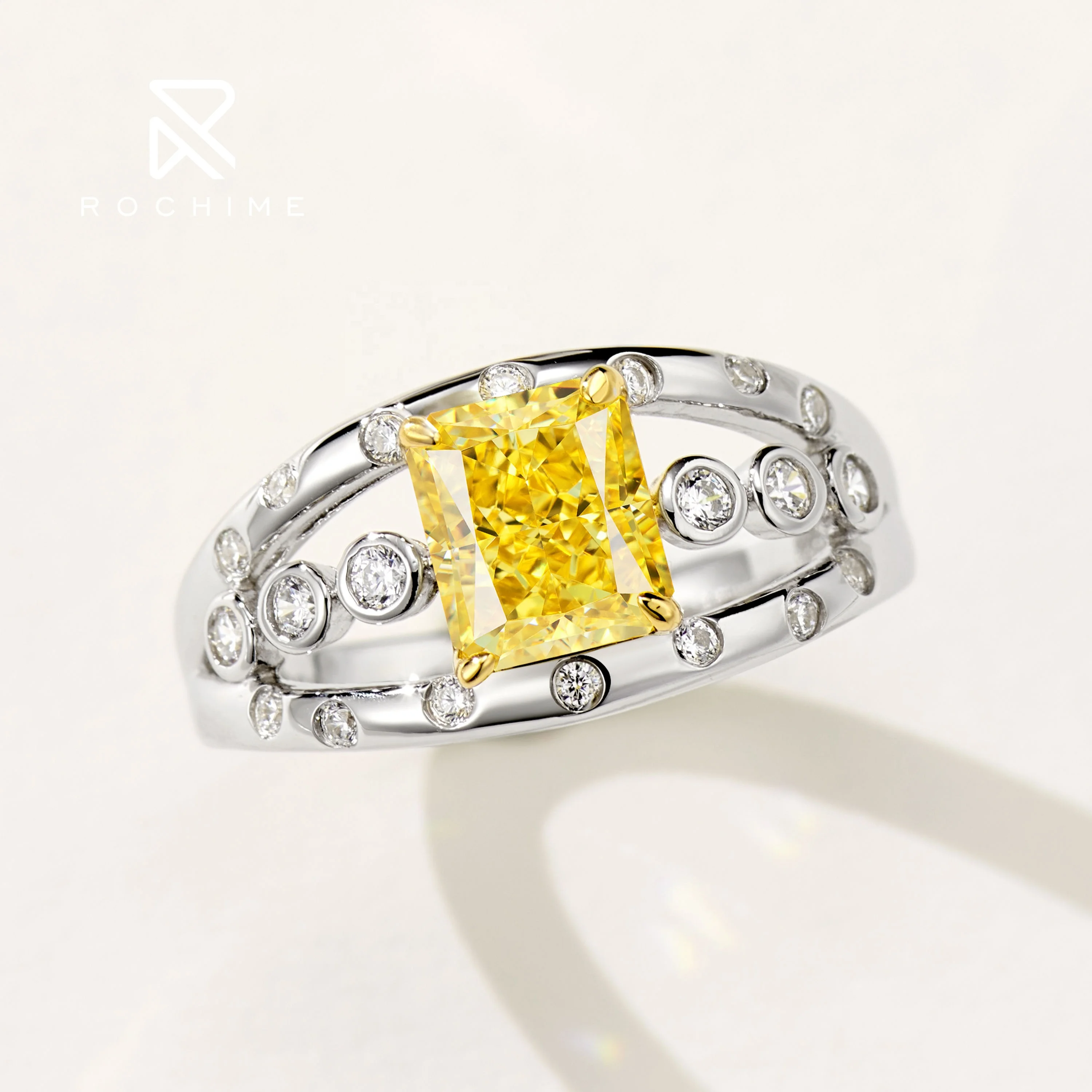 Rochime star shine yellow diamond ring 925 sterling silver gold plated cubic zirconia rings for women